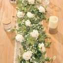 Anna's Whimsy 2PCS 5.91FT Artificial Eucalyptus Garland with Flowers, Fake Rose Gypsophila Garland, Faux Floral Greenery Garlands for Wedding Spring Home Party Table Runner Decor（White）