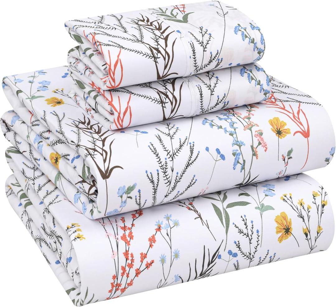 RUVANTI 100% Cotton Sheets Queen Size Percale Bedding, Cooling & Breathable Floral Design, Durable with a Crisp, Soft & Comfortable Feel, 16" Deep Pocket, 4-Piece Set, Aroma