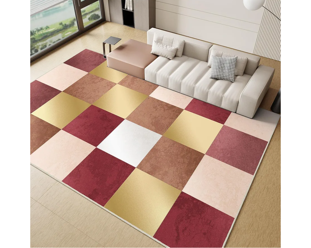 Modern Area Rug - Geometric Rug for Bedroom Living Room, Machine Washable Rug Soft Non Slip Non Shedding, Checkered Rugs for Teen Dorm Home Decor Aesthetic, Nursery, Playroom, Red Gold, 8'x10'