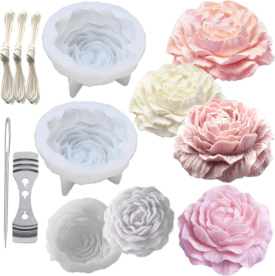 Large&Small Peony Flower Silicone Soap Molds 3PCS Peony Silicone Candle Mold with Large-Eye Wicking Needle,Candlewick for Chocolate Cake Candy Moulds Epoxy Resin Plaster Clay