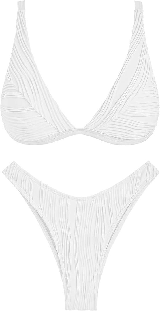 ZAFUL Bikini Sets for Women Triangle Textured Plunging High Cut Cheeky Bikini Swimsuits Two Piece Bathing Suits (White, S)