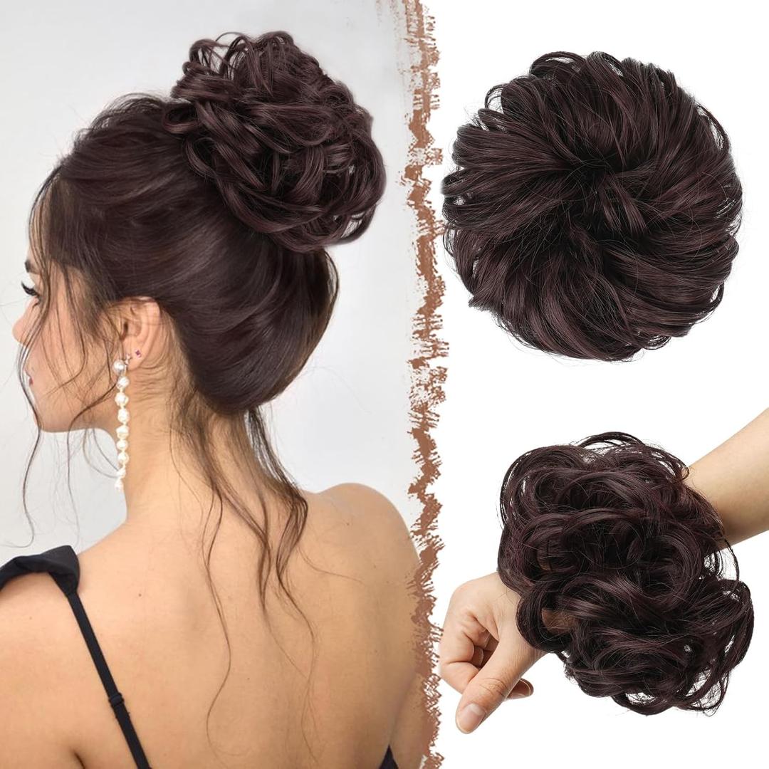 FESHFEN Large Messy Bun Hair Piece - Wavy Synthetic Chignon Scrunchies Elastic Ponytail Hair Extensions Thick Hairpieces for Women, Black Cherry 1.94oz