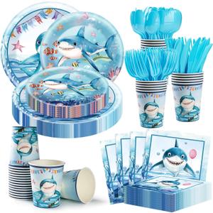 350 PCS Shark Birthday Party Decorations for 50 Guests Include Paper Plate, Napkin, Cup and Disposable Plastic Cutlery