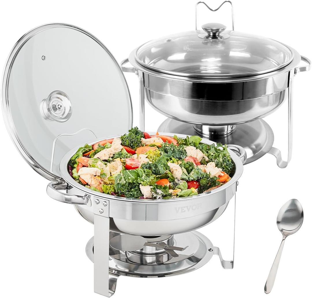 VEVOR Chafing Dish Buffet Set, 4 Qt 2 Pack, Stainless Steel Chafer,Round Catering Warmer Server with Vented Glass Lid Water Pan Stand Fuel Holder Hook Spoon, at Least 4 People Each (Silver)