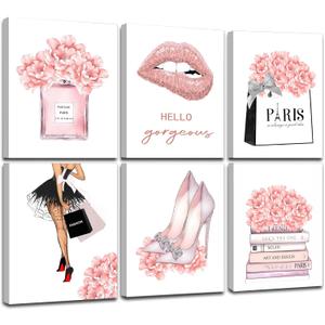 FRAMED Pink Makeup Room Canvas Wall Art, Fashion Woman Picture Wall Decor Paintings, Watercolor Perfume High Heels Lipstick Beauty Room Decor Pictures Arts for Girls Women Room Decor, (Set of 6, 8x10 in, Framed)