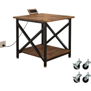 Large Printer Stand with Power Outlet, with Storage Shelf, 2 Tier Rolling Printer Cart with Industrial Wheels, 23.6 x 23.6 Inches Printer Table for Home Office,Rustic Brown