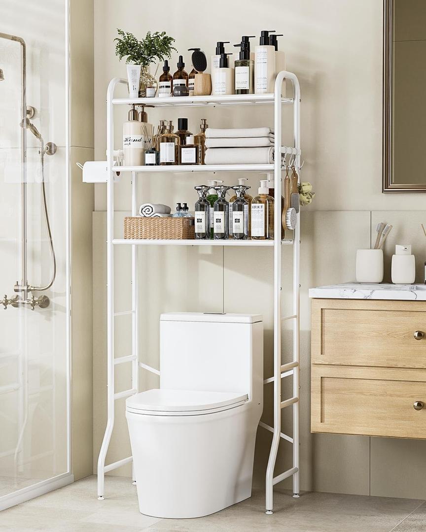 Over The Toilet Storage Rack, 3-Tier Metal Bathroom Organizer with Hooks, Over The Toilet Storage Cabinet, Space Saver Shelf for Bathroom, White, 23.6" x 13.0" x 63.4"