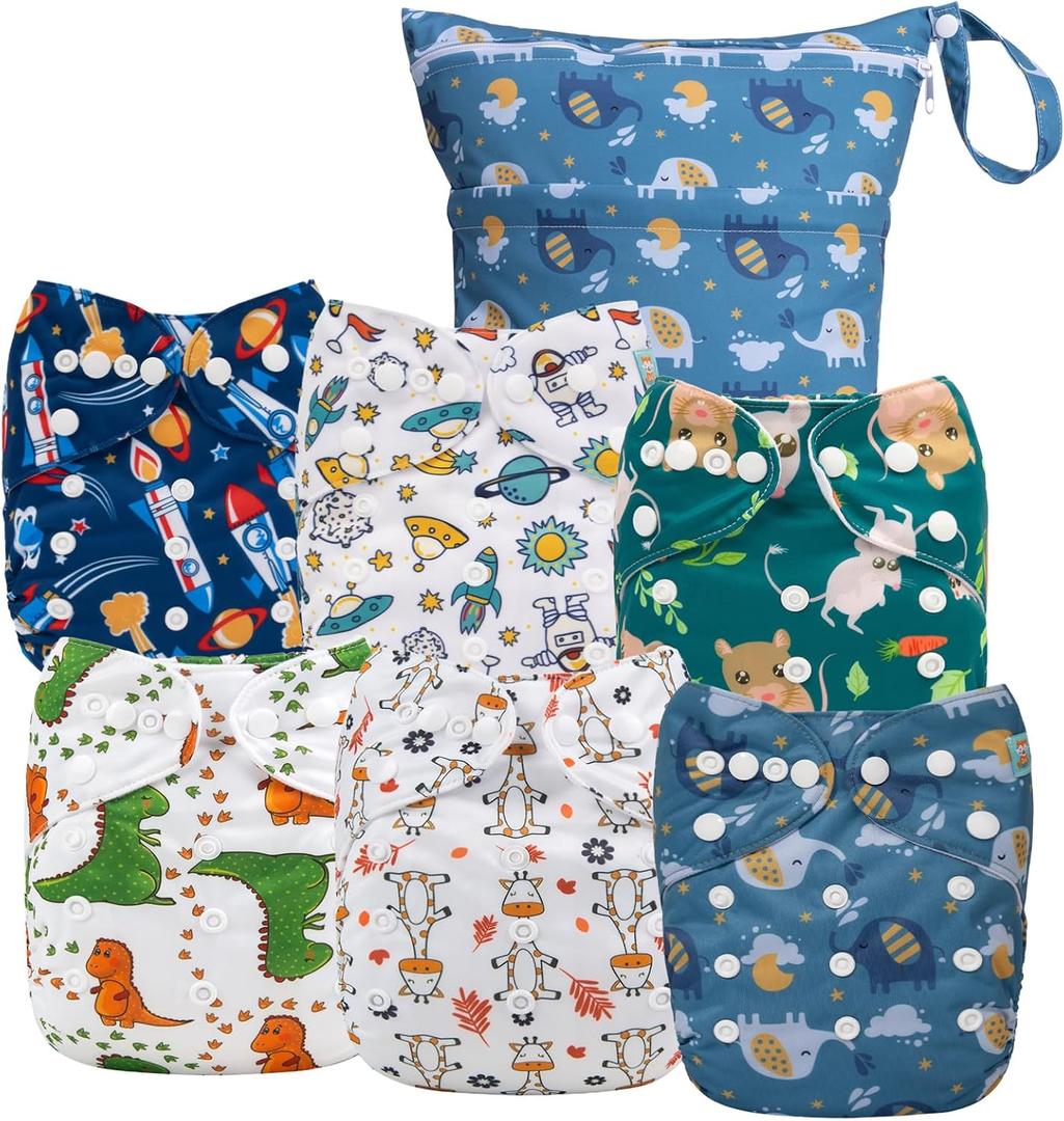 ALVABABY 6pcs Cloth Diaper Covers &1 Wet Dry Bag, Washable Reusable Cloth Nappy Shell for Prefold with Multi-Functional Bag, Flat or Fitted Diaper Inserts 6NKZ06 (Boy Color 02)