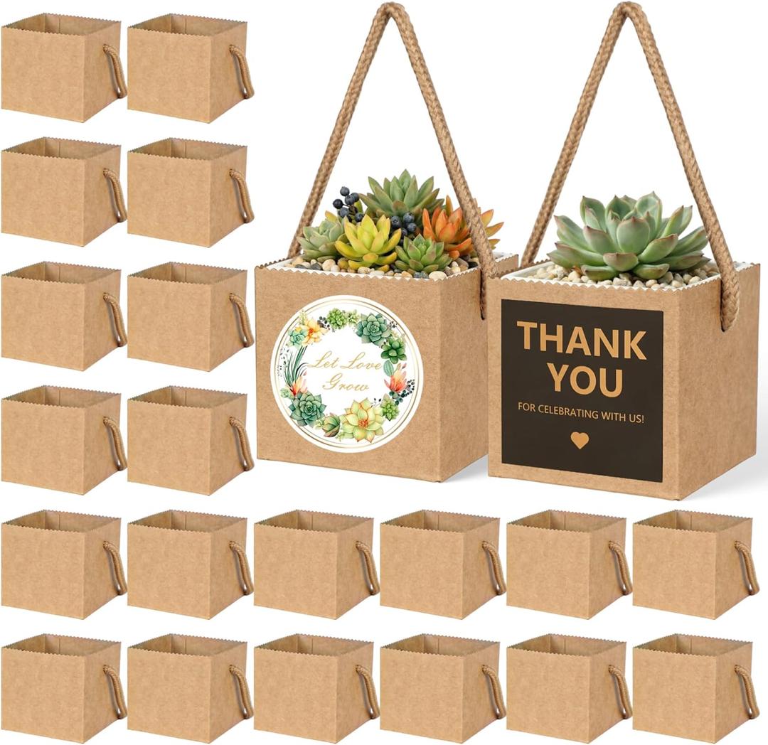 ULLIKI 2.5 Inch Succulents Wrap Bags with Thank You & Let Love Grow Stickers, Mini Succulent Gift Bags with Handles, Succulent Party Favors for Guests, Garden Party Favors for Guests (Brown 40pcs)