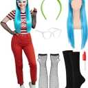 Hoteam 8 Pcs Halloween Women Costume Accessories Set Include Blue Wig Green Wide Headband White Glasses Black Fishnet Gloves over The Calf Socks Red Pen for Halloween Party