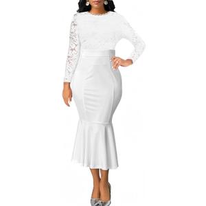 Lace Fishtail Dress for Women Mesh Long Sleeve Round Neck Bodycon Midi Dress Sexy Hollow Cocktail Party Wedding Slim Fitted Outfits (White, M)