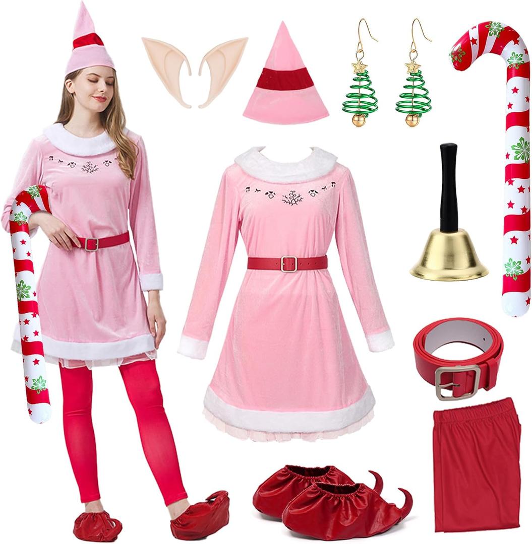 10 x 7 Pcs Women Christmas Elf Costume Set Santa's Helper Velvet Dress Xmas Outfit Elf Ears Hat Shoes Belt Socks Bell (Pink, XXL)