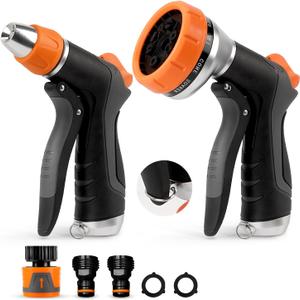 HOOFUN 2 Pack Garden Hose Nozzle: High Pressure Water Hose Sprayer with 10 & 2 Spray Patterns - Lightweight & Rust-Proof Handheld Spray Gun (Black)