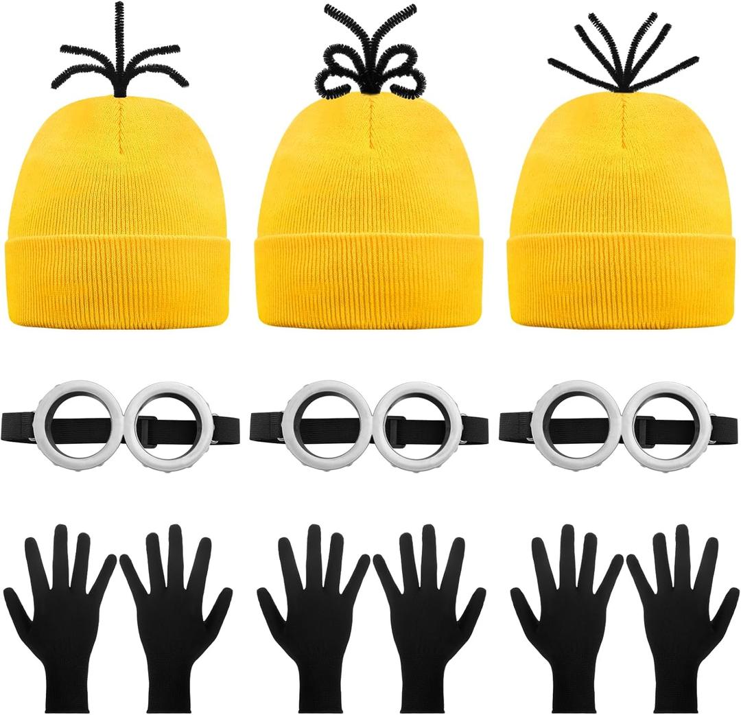 9PCS Costume Accessories Set Yellow Beanie Knit Hat Vintage Goggles Glasses Black Gloves for Cosplay, Halloween Costumes 2025