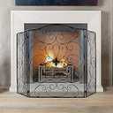 POWLAB Black Fireplace Screen 50 x 36Inch Large 3 Panel Foldable Wrought Iron Free Standing Fireplace Screen Rustic Vintage Arched Mesh Furnace Fireguards Outdoor Iron Protector Fireplace Cover