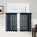 Navy Small Linen Textured Curtains 30 inches Length Light Filtering Semi Sheer Short Curtains Back Tab Pocket Boho Kitchen Tier Window Curtain for Bedroom 26x30