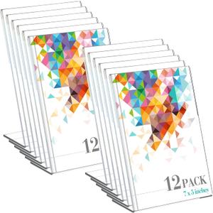 Yulejo 12 Pcs Acrylic Sign Holder 5 x 7 Inch Slanted Back Clear Plastic Sign Holder Flyer Paper Picture Document Photo Frames l Shape Display Stand for Office Restaurant Desktop