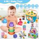 Baby Toys 6-12 Months, 6 in 1 Montessori Toys for 1 Year Old, Soft Infant Sensory Teething Toy, Stacking Cups & Blocks, Shape Sorter Blocks, Finger Puppets, Tissue Box Toy for Toddler 0-3-6-9-12 M+
