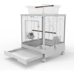 Clear View Bird Cage with Play Top, Modern Rolling Flight Cage for Parakeets, Cockatiels, Conures, Lovebirds, White Parrot Cage with 0.4" Bar Spacing, Slide-Out Tray & Accessories (18.1"L x 18.1"W x 23.3"H)