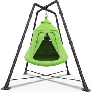 Swing Set with Tent Swing, X-Shaped Swing Frame with Sensory Swing, Tent Swing with Swing Stand, Hammock Chair with Stand, 330 lbs Capacity, w/Rainbow Lights String, Indoor/Outdoor Use(Green)