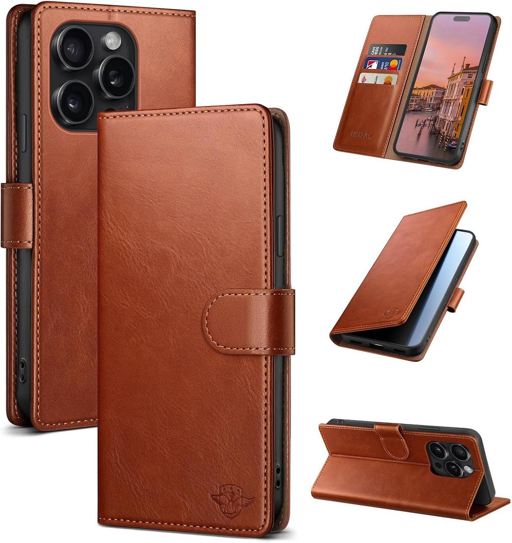 Wallet Case for iPhone 15 Pro 6.1" with RFID-Blocking Credit Card Holder, PU Leather Folio Flip Cover Women Men Protective Phone Case Compatible with Apple 15 Pro, Light Brown