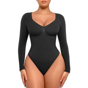 FeelinGirl Women's Long Sleeve Shapewear Bodysuit for Tummy Control Seamless Body Suits Thong V Neck Going Out Tops (Black, XS)
