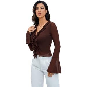 GORGLITTER Women's Sheer Mesh Tops Long Bell Sleeve Tie Front Vintage Ruffle Blouse Shirt (Large, Brown)