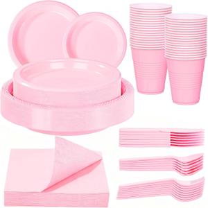 WELLIFE 210 PCS Pink Plastic Plates for 30 Guests - Disposable Dinnerware Set Including Dinner Plates, Dessert Plates, 12oz Cups, Cutlery & Napkins, Pink Party Plates