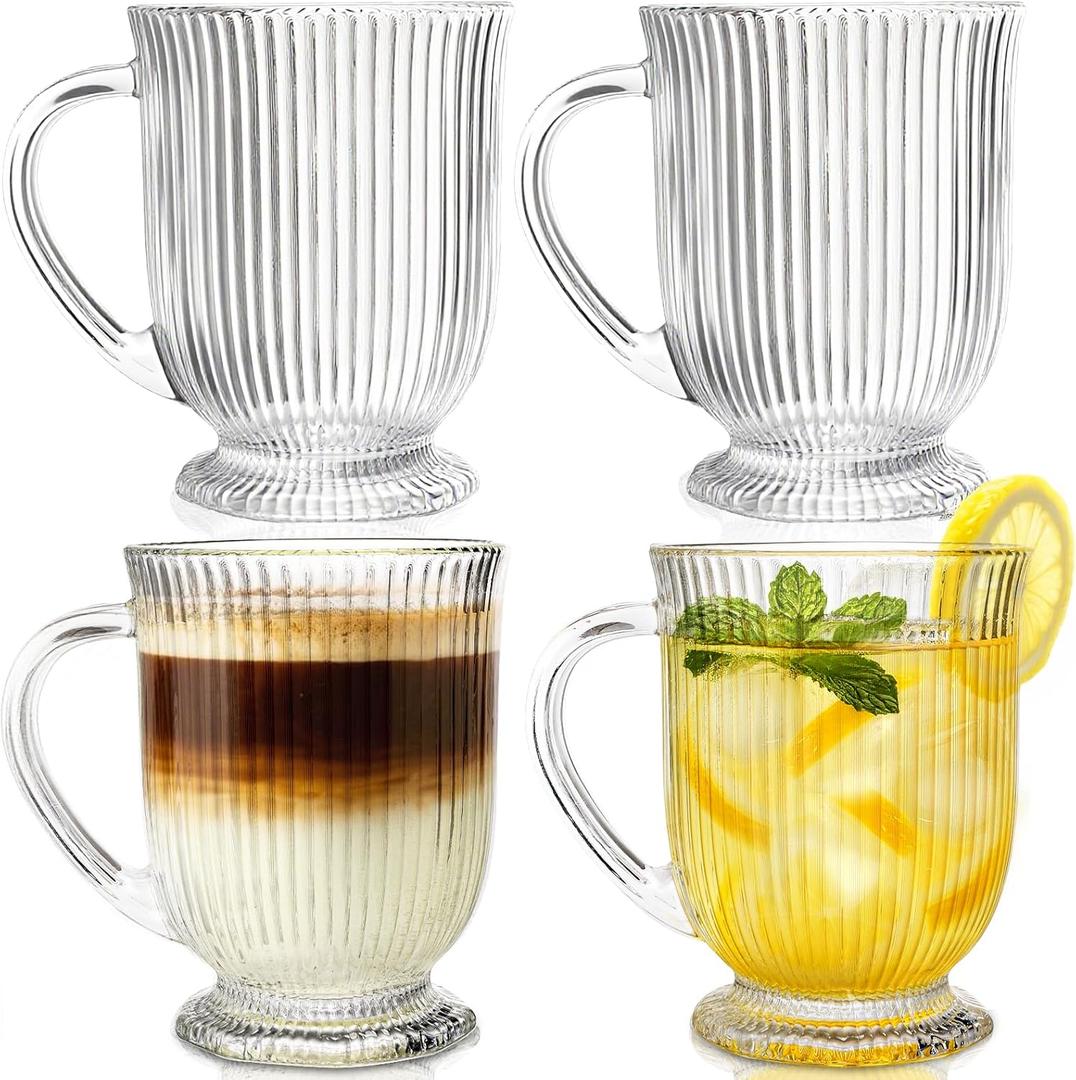 4 Pack Glass Coffee Mugs, 16 Oz Large Clear Coffee Mug with Handle, Classic Ribbed Drinking Cups Vintage Glassware for Cold Hot Beverages, Cappuccino, Latte, Juice