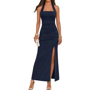 MEROKEETY Women's Wedding Guest Dress Summer Sleeveless Halter Backless Slit Ruched Beach Cocktail Formal Maxi Dresses, Small