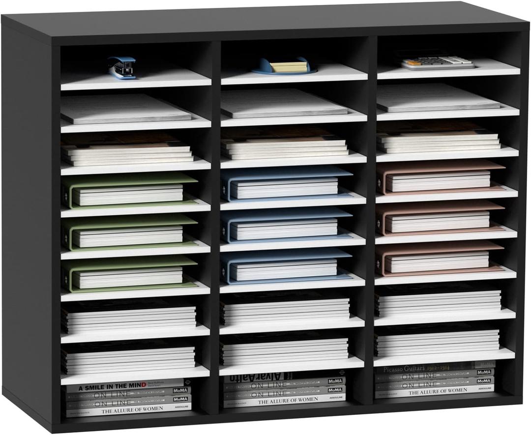 VEVOR 27 Compartments Wood Literature Organizer, Adjustable Shelves, Medium Density Fiberboard Mail Center, Office Home School Storage for Files, Documents, Papers, Magazines, Black+White