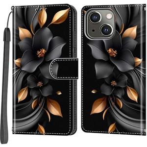 Haninsuze Wallet for iPhone 14 Case & iPhone 13 Case, [Kickstand] 3 Card Holder Stand [Shockproof TPU Interior Shell], PU Leather Magnetic Protective Flip Cover 6.1", Black Flower