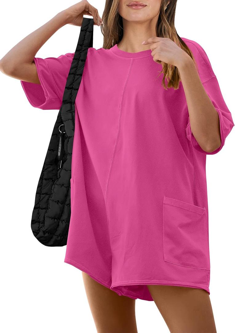 ANRABESS Women Summer Oversized T-Shirt Tee Romper Casual Baggy Short Sleeve Overall Athletic Workout Jumpsuit Trendy Outfits (Large, Hot Pink)
