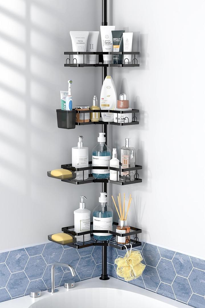 Corner Shower Caddy Tension Pole: 4tier adjustable Rustproof Bathroom Organizer Shelves - Bathtub shampoo rack 43.5-120 inch (Black)