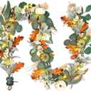 6ft Fall Garland with Lights, Eucalyptus Pumpkins Autumn Garland for Front Door, Fall Decor, Porch Wall, Home Outdoor Holiday Decorations for Autumn