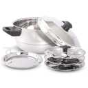 Stainless Steel 5 pcs Multi Kadai (Induction Friendly) Idli Cooker with Stainless Steel lid, 3 idli Plates (12 Idlis), 1 patra Plate, Silver