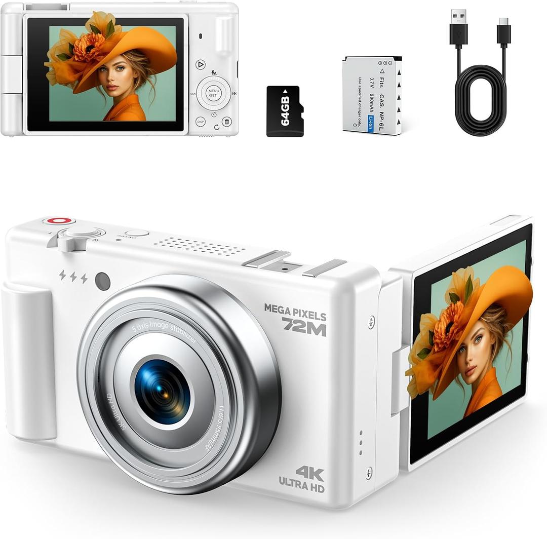 4K Digital Camera for Photography, 72MP Vlogging Camera for YouTube, Autofocus Digital Cameras with 270 Flip Screen, 18X Digital Zoom Point and Shoot Cameras with 64GB TF Card & Battery, Carry Bag (Pure White)