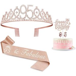 95th Birthday Decorations for Women Including Birthday Sash, Crown, Numeral Candles and Cake Topper, Rose Gold Party Decor Supplies