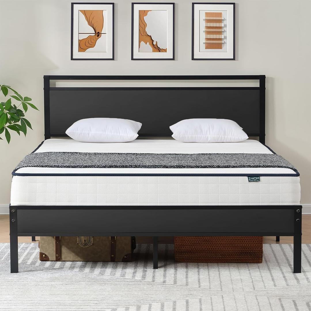 Z-hom Full Bed Frame with Wooden Headboard & Footboard,Metal Platform Bed | Heavy Duty Metal Slat Support,No Box Spring Required,Quiet Non-Slip Construction with Underbed Storage Space,Black