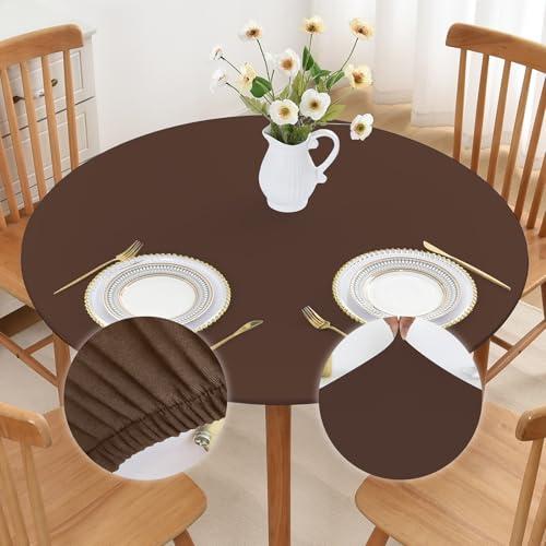 Mulilai Elastic Brown Round Outdoor Tablecloth 60 Inch Non Slip Fitted Stretch Table Cover with Spandex Fabric Washable Wrinkle Free Table Cloth for Kitchen Dining Patio Decor,60" (Round), Brown