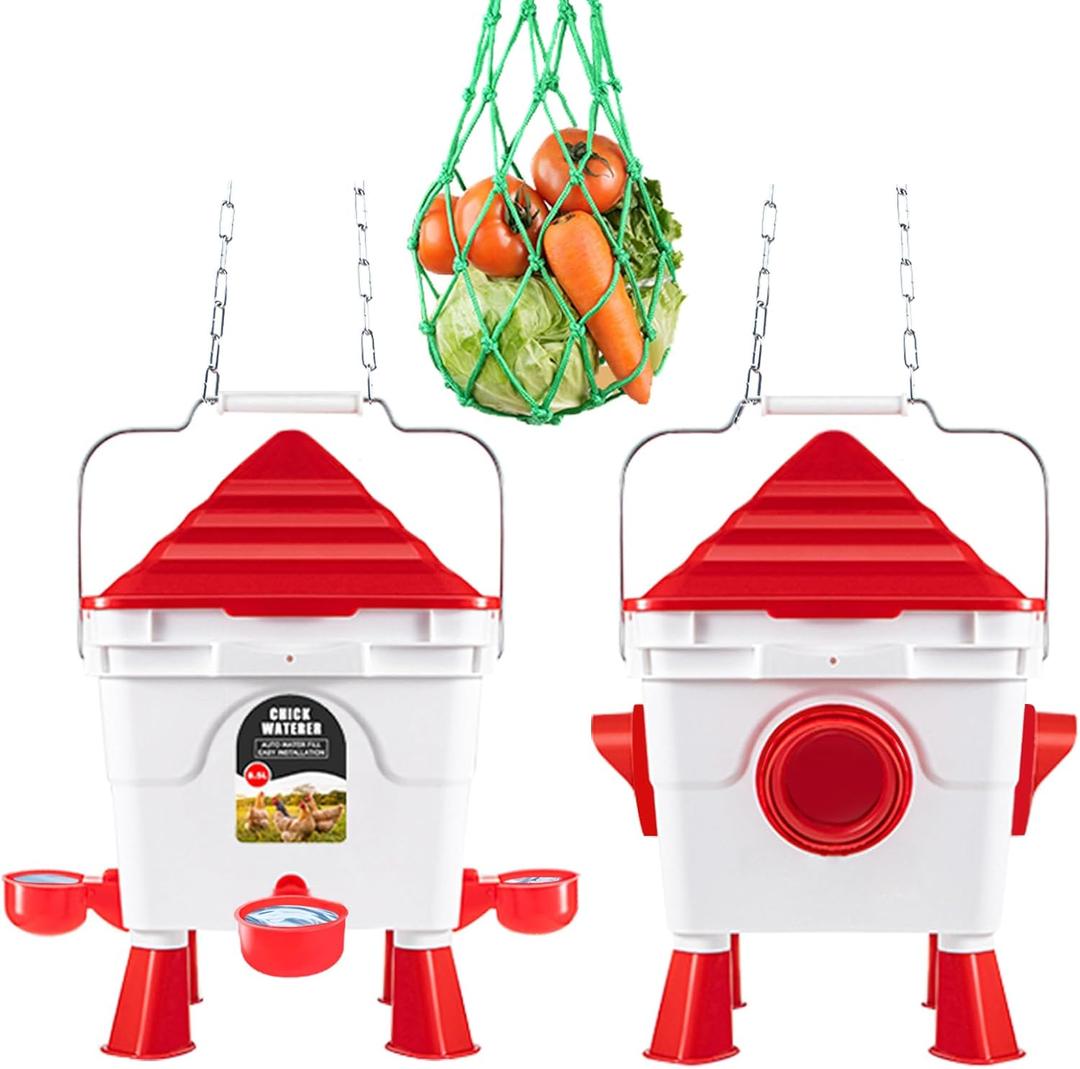 Chicken Feeder and Waterer Set, 13 Pounds Chicken Feeders No Waste Bucket and 2 Gallons Chicken Waterer Chicken Vegetable Hanging Feeder (Red)