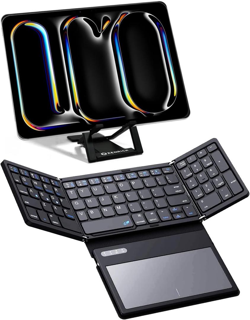 ZenRich Foldable Bluetooth Keyboard with [Stand Holder][Large Touchpad] [Numeric Keypad], Travel Pocket-Sized Keyboard for iPad Windows iOS Android Mac Laptop Tablet Smartphone, Black