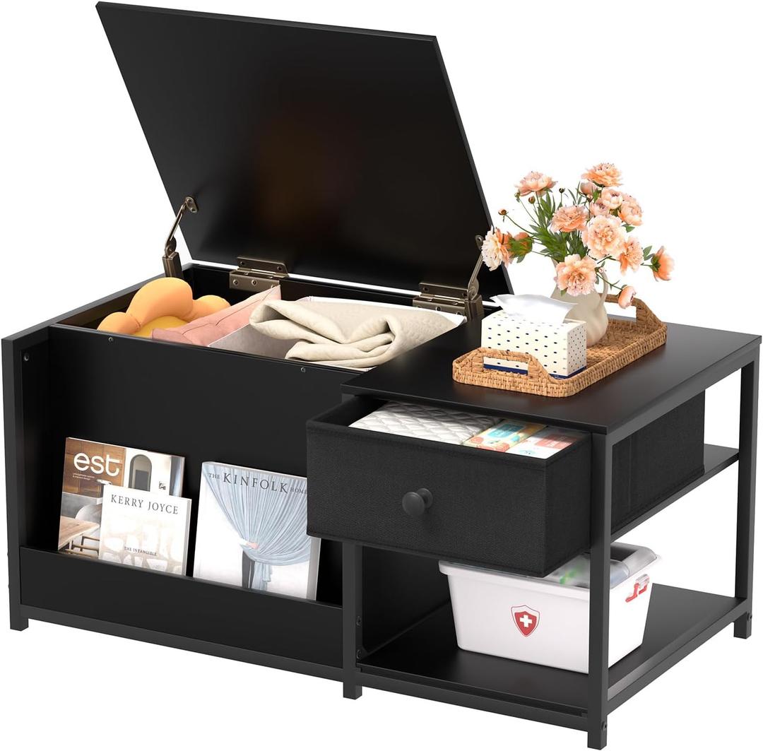SINPAID Coffee Table with Storage, Rectangular Coffee Tables for Living Room, Modern Coffee Table with Hidden Storage Compartment and Adjustable Shelves, Black, 37x19 in
