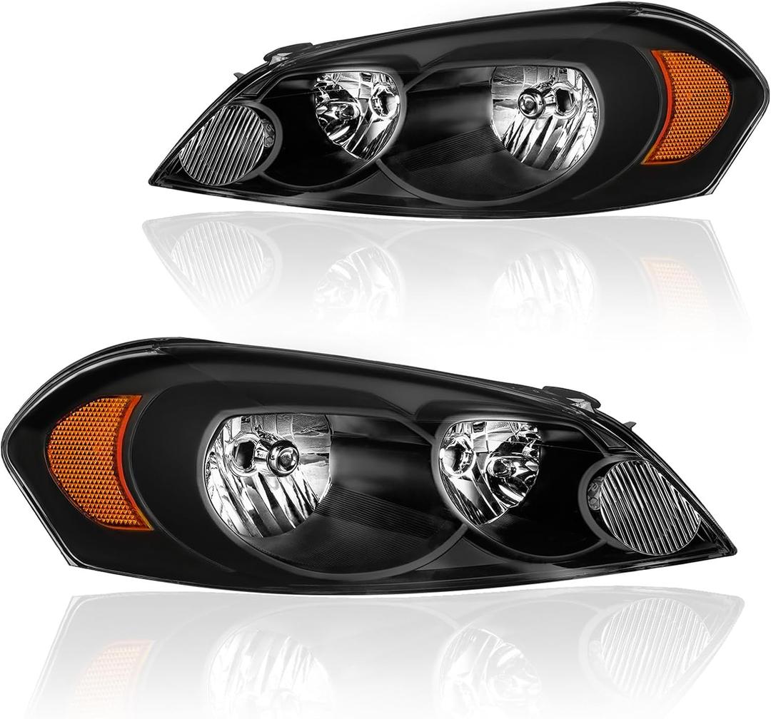 Headlight Assembly, Headlights Kit Compatible with 2006-2013 Chevy Impala/2014-2016 Impala Limited/2006-2007 Monte Carlo Replacement Headlamp Black Housing Amber Reflector