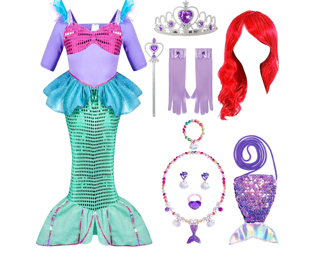 Spooktacular Creations Halloween Little Mermaid Costume for Girls, Sequin Mermaid Dress Set, Light Purple Princess Dress for Toddler Dress-Up, Cosplay Party (Small, 5-7 yrs) Size S