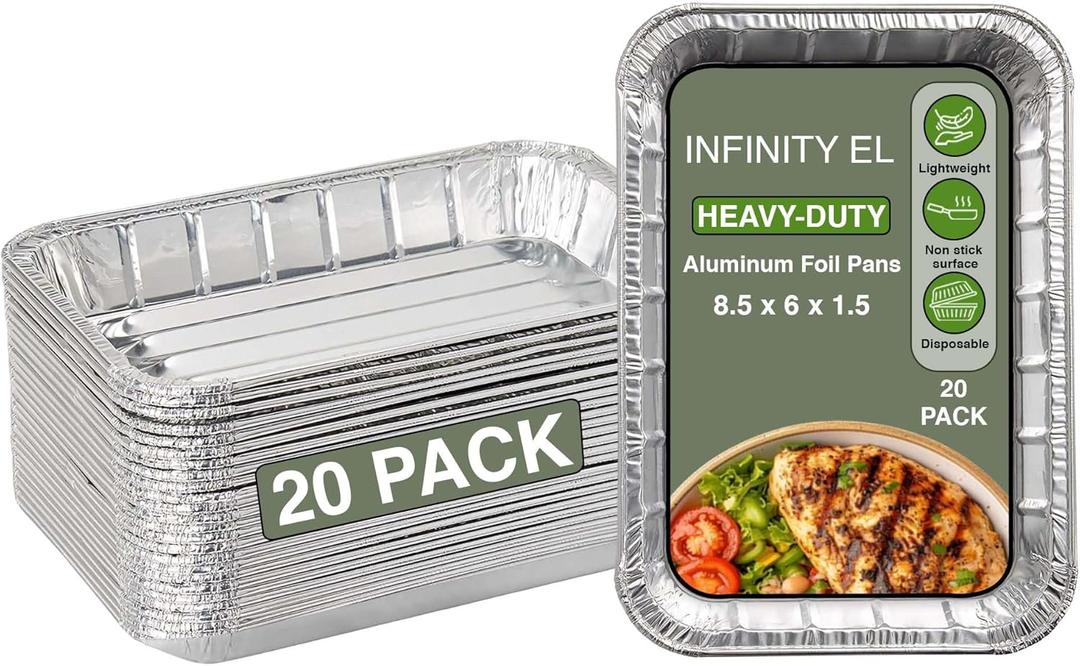 INFINITY EL Disposable Aluminum Foil Pans 20 Pack | Mini Shallow 8.5"x 6"x1.5" Broiler Pans, Heavy Duty Foil Pan | Aluminum Baking Pans for Roasting Turkey, Lasagna, Thanksgiving, Christmas, Party