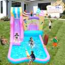 Inflatable Water Slide Bounce House, 8-in-1 Water Park with Water Cannon, Climbing Wall, Basketball Hoop & Splash Pool, Ice Cream Castle Theme, 126x79x65 inches, Ages 3-6, 350W Blower Included