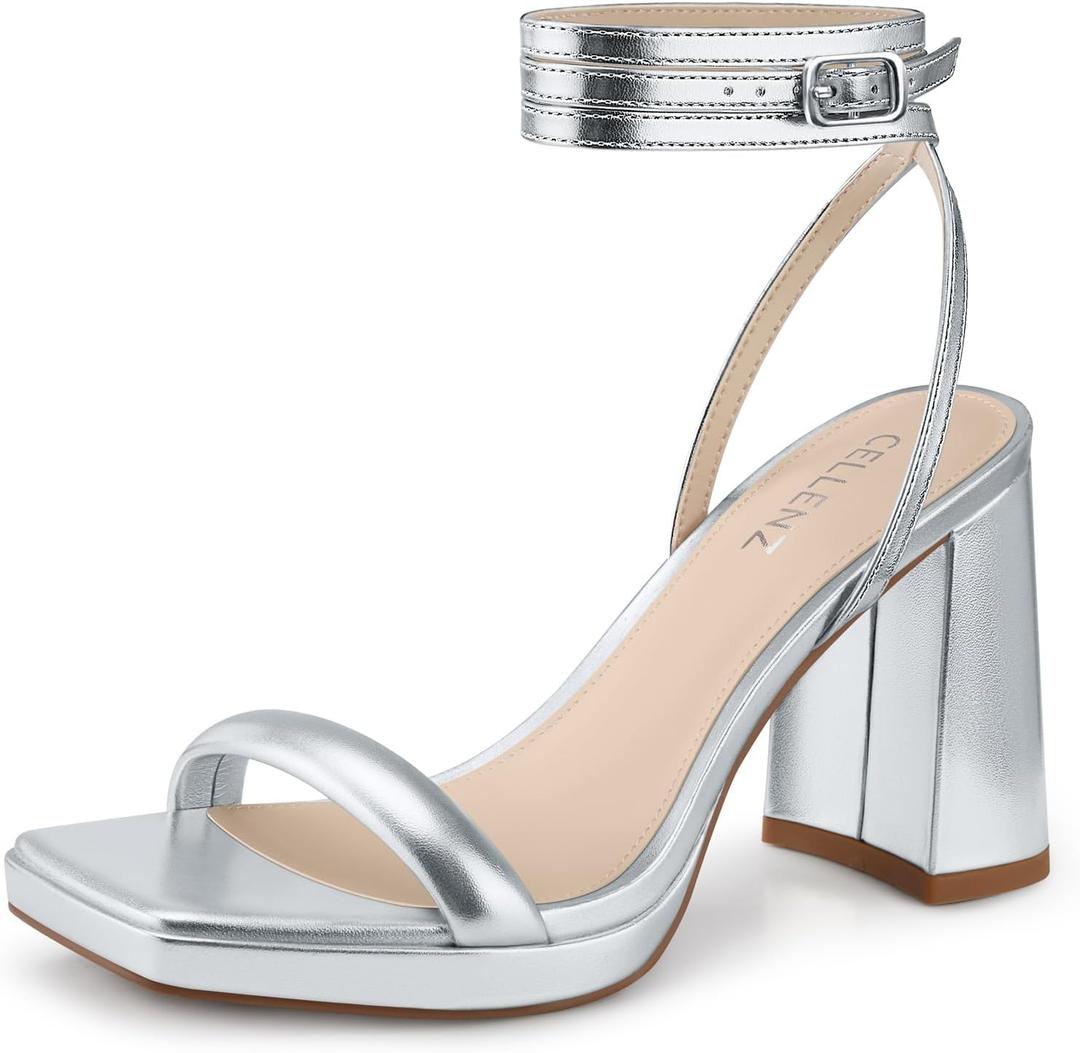 CELLENZ Women Chunky Platform Heels: 3.9 Inch High Heel, Party, Prom, Square Open Toe Heeled Sandals, Strappy Sexy Comfortable Dressy Wedding Shoes, 10