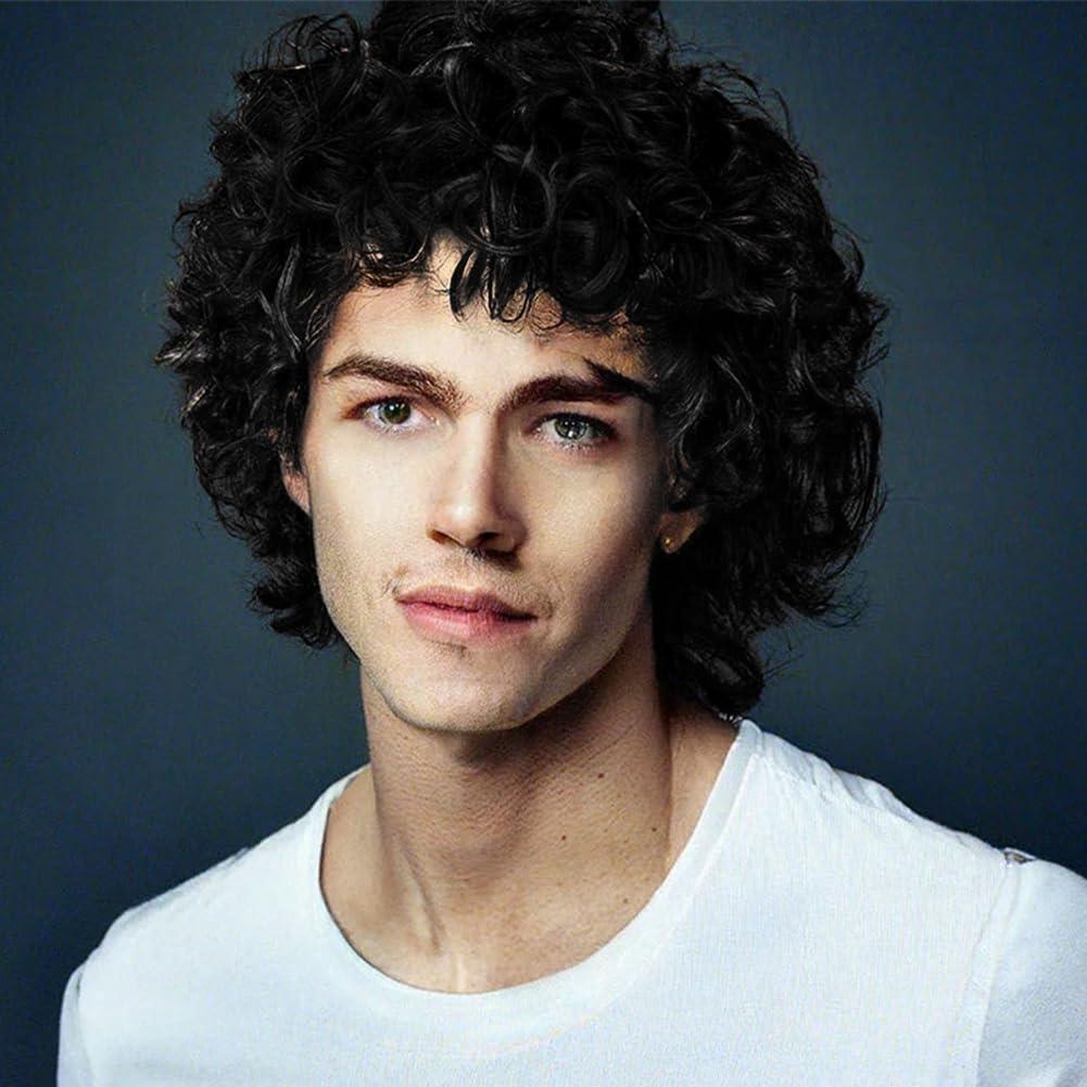 Mens Black Short Curly Wig California Synthetic Heat Resistant Wigs for Cosplay Costume Daily Use