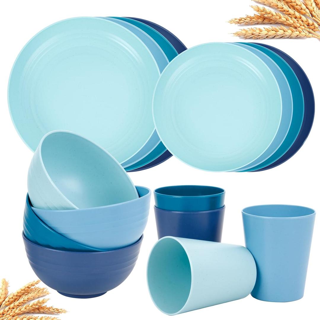 Rubtlamp 16pcs Wheat Straw Dinnerware Set, Unbreakable Plates And Bowls Sets of 4, Plastic Plates Set Reusable (Light Deep Four Colors) Daily (Deep blue, Blue, Turquoise, Green)